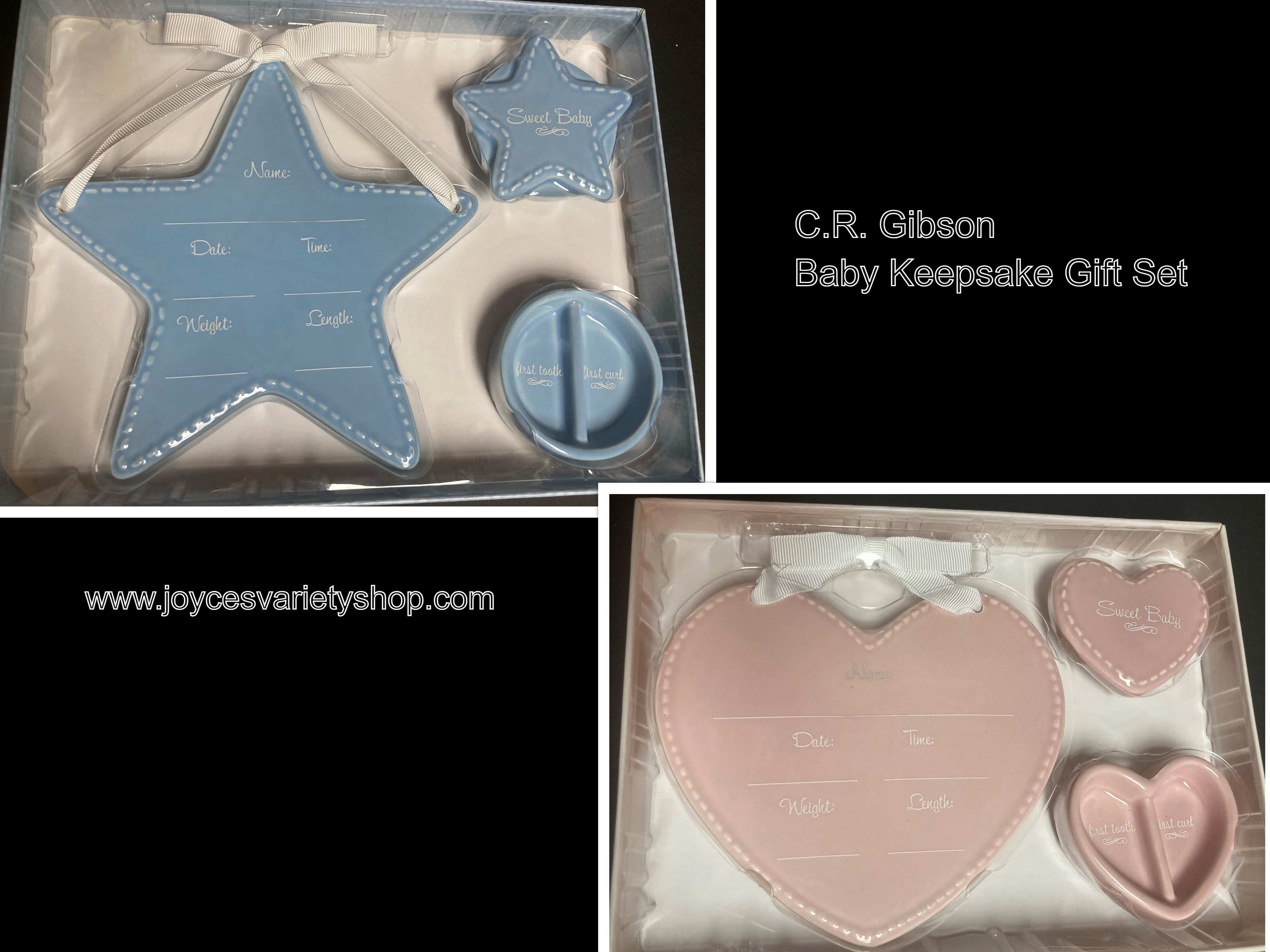 Baby Keepsake Gift Set C.R. Gibson Ceramic First Tooth Curl Pink or Blue