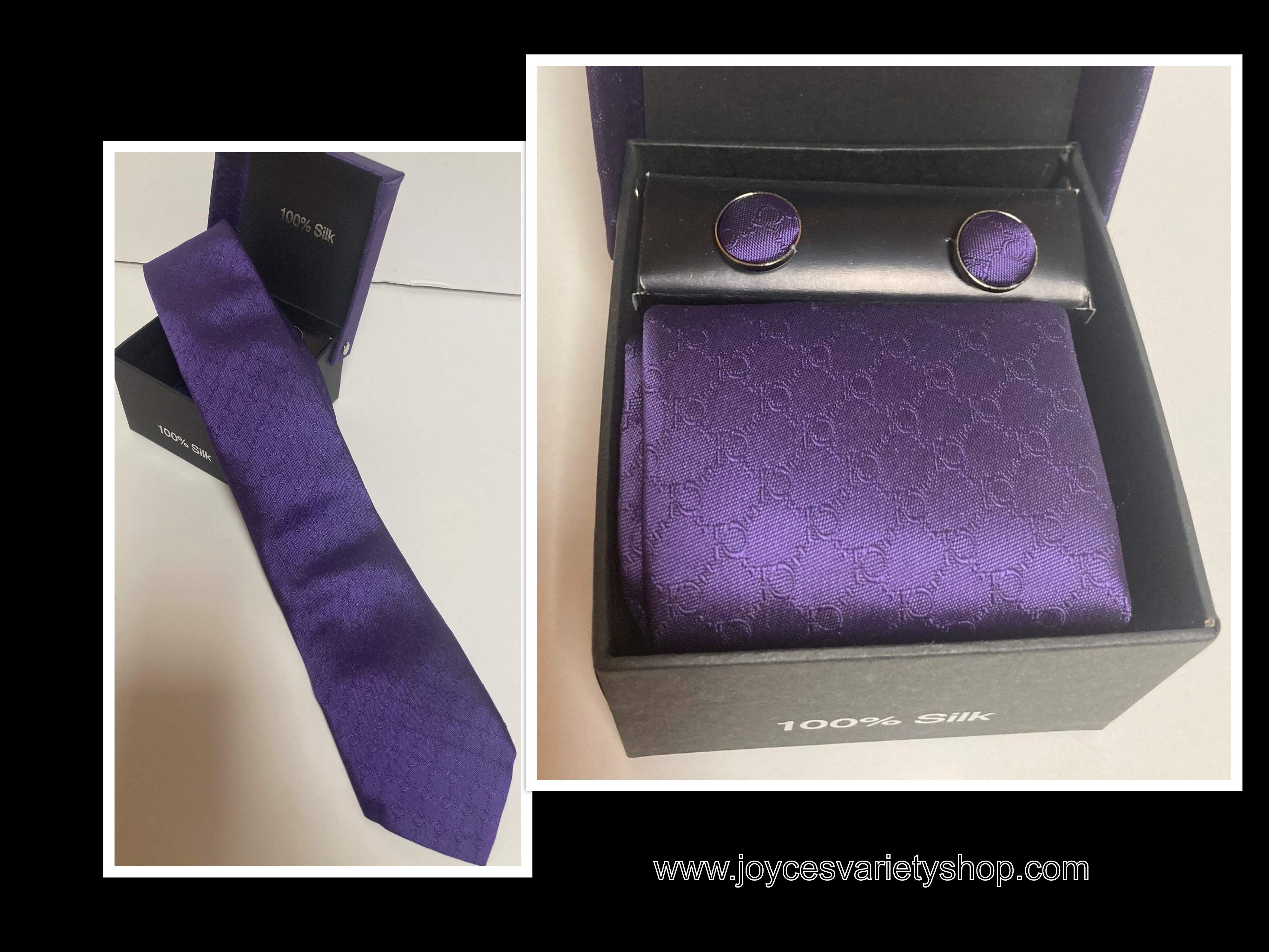 100% Silk Dress Tie Cuff-links Pocket Square Set Purple Solid