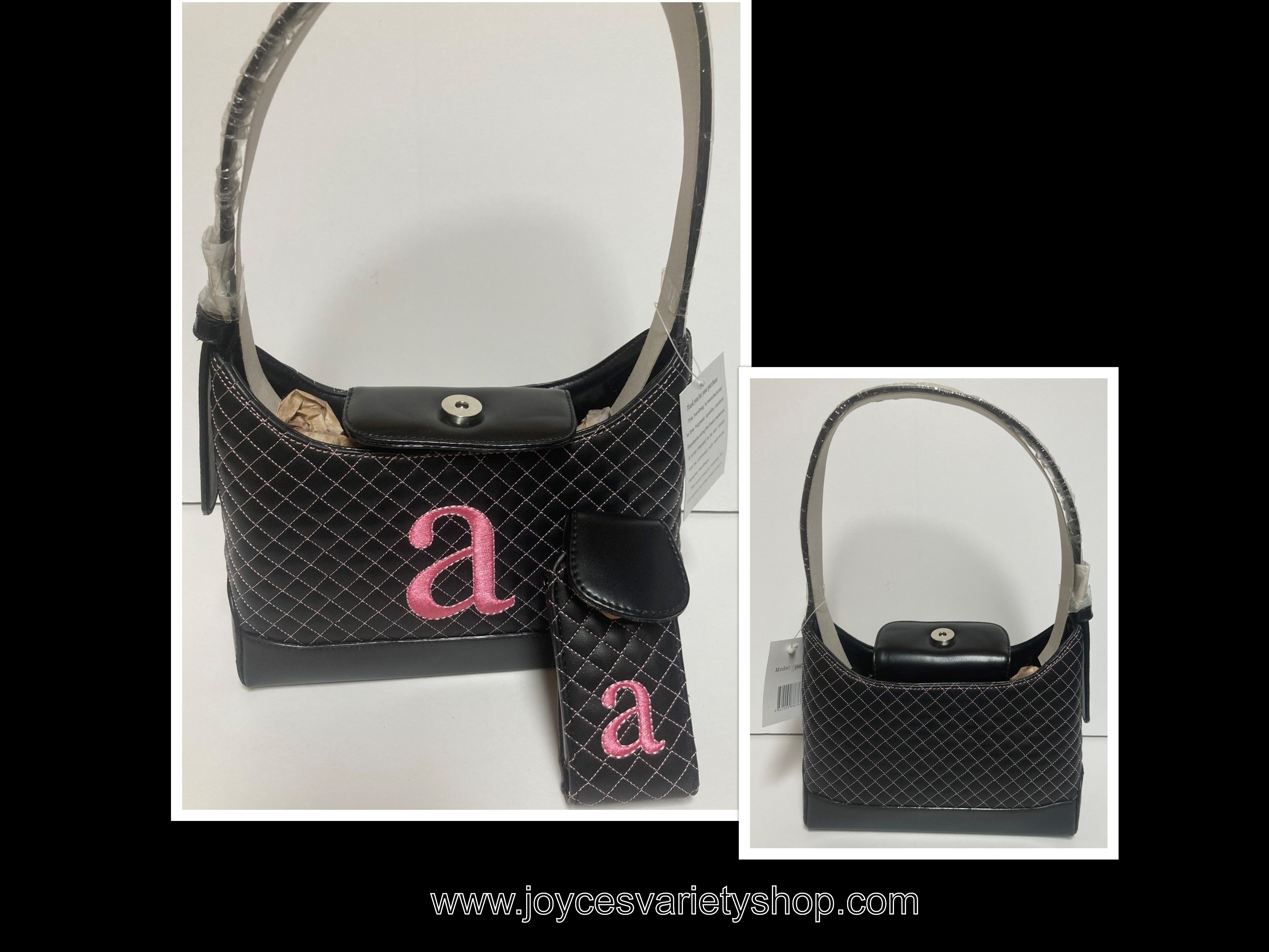 Monogrammed Faux Leather Handbag Purse Black Name Initial "A" in Pink