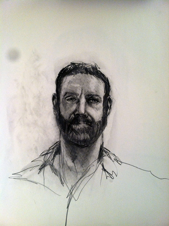 line drawing of portrait. the tonal hue of gray do create depth in the image, subject eyes are looking straight at the viewer. most of face is outlined in hair on head and beard around the face and mustache o