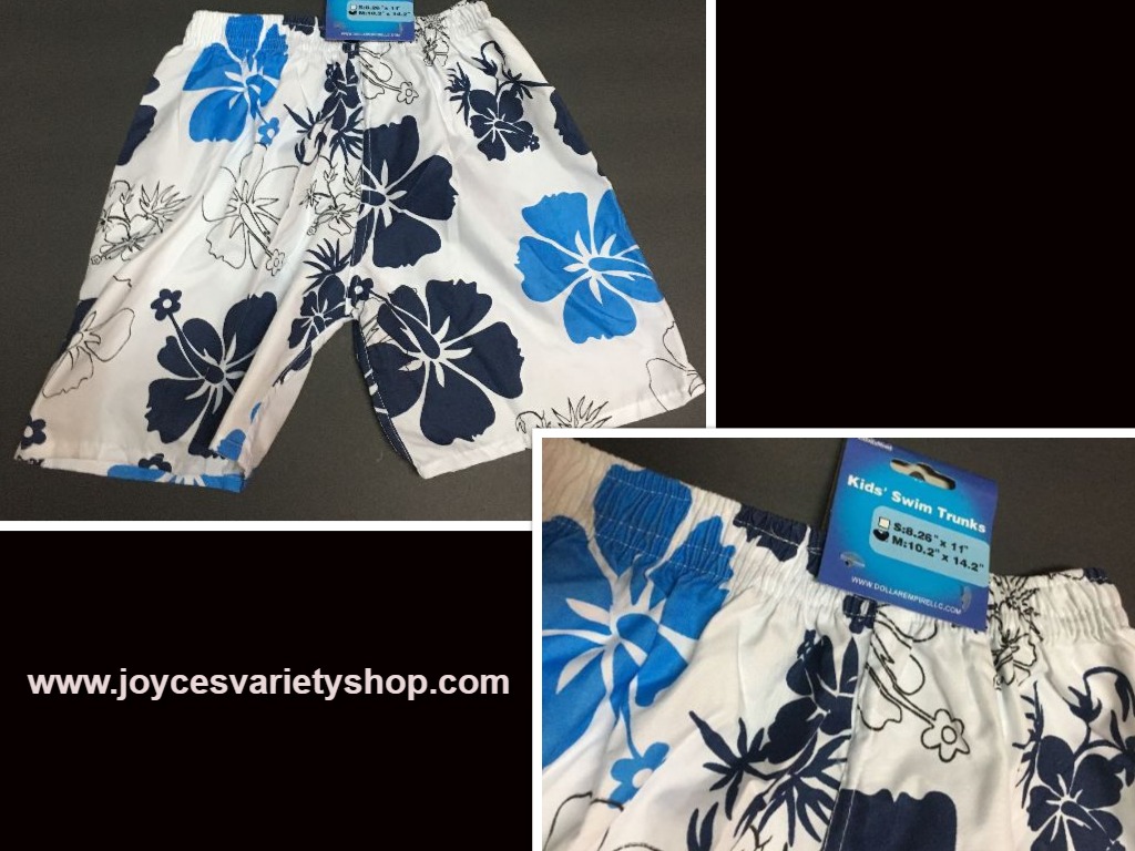 Boy's Swim Shorts Trunks Blue & White Floral 10.2" x 14.2" SZ 3/4 Toddler