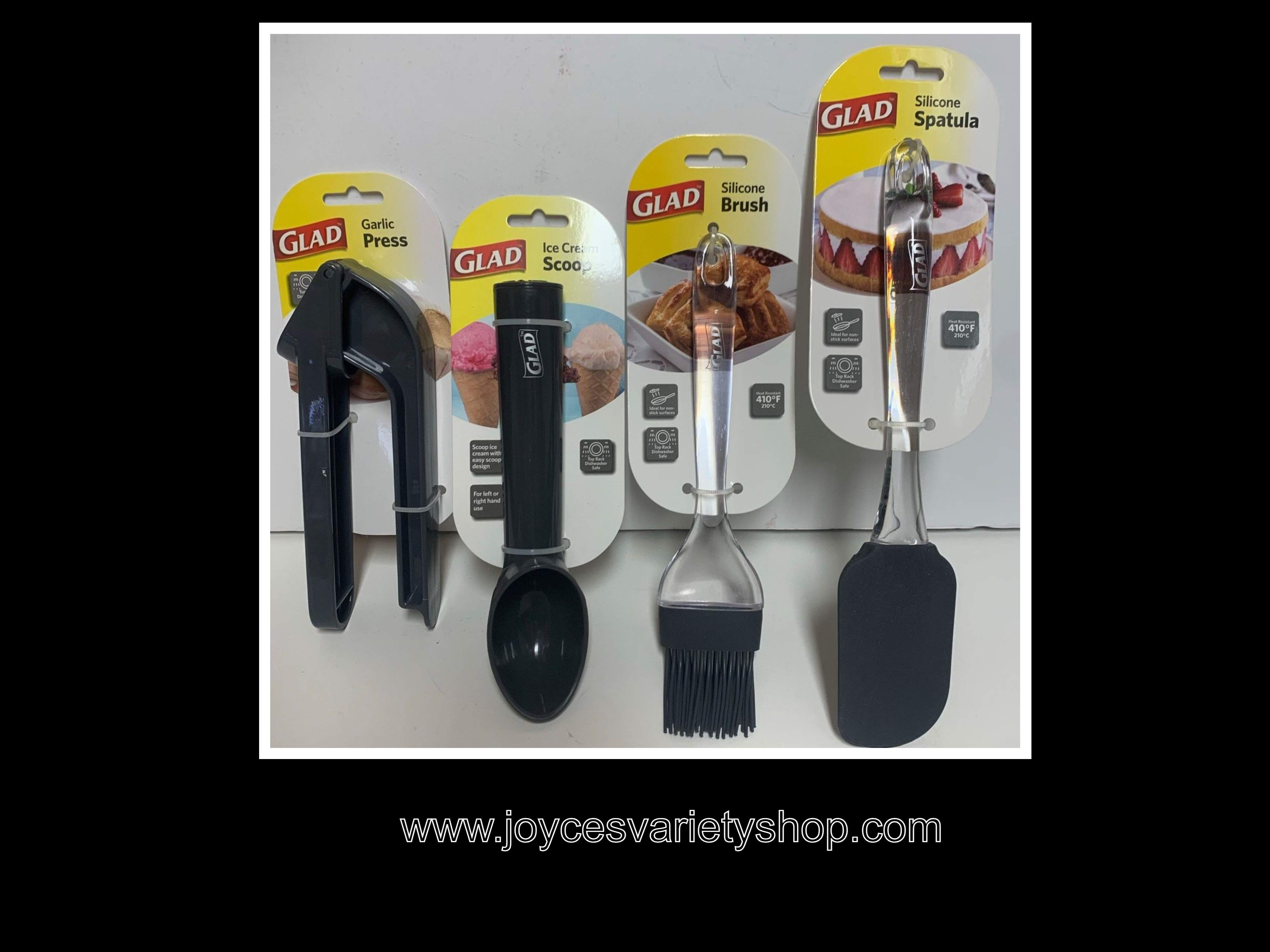 GLAD Brand Cooking Food Preparation Set (4) Spatula Brush Scooper Garlic Press