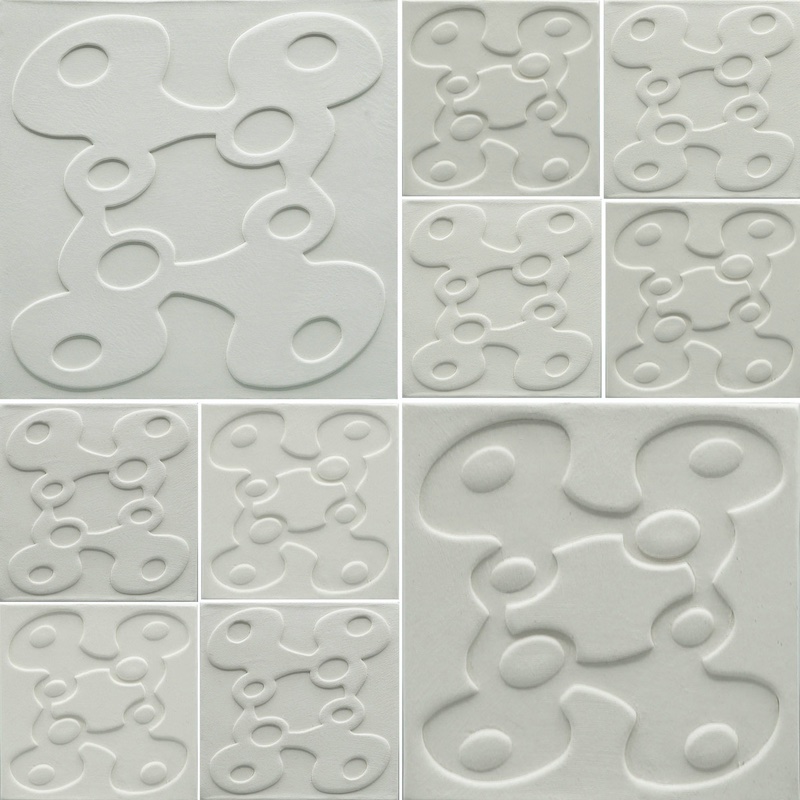 Collage of the belfry art tile in sizes 4 inches and 8 inches, embossed and debossed.