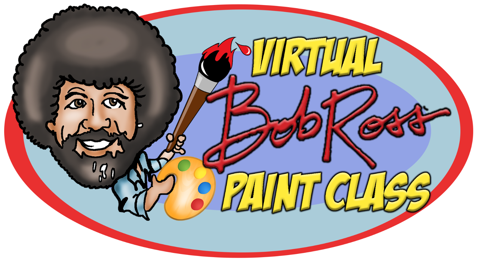Virtual Bob Ross Paint Class, Zoom Paint Class, Virtual Paint Class, Bob Ross Painting Class, Online Paint Class, Virtual Team Building, Virtual Party Ideas, Big Head Cartoon