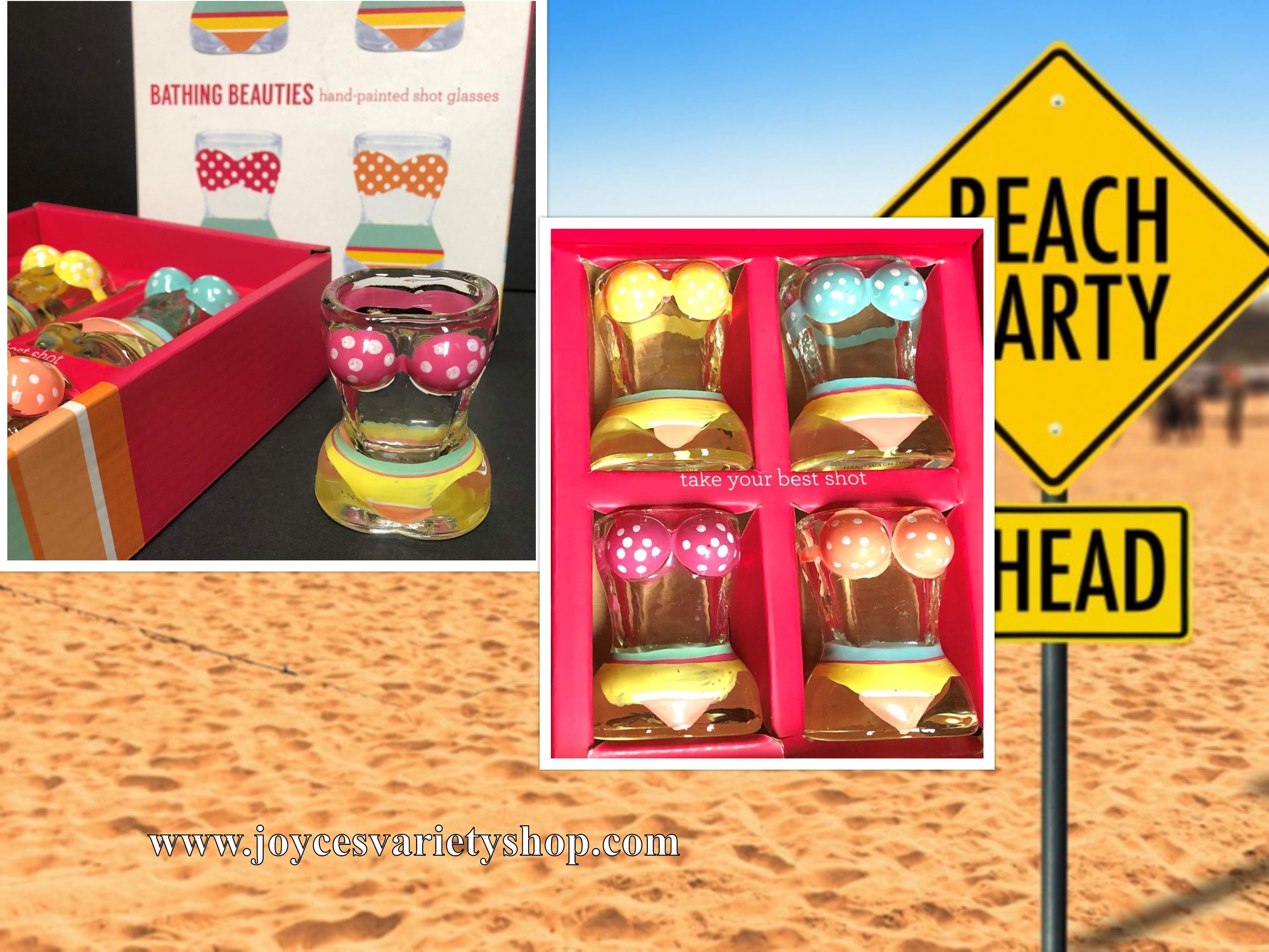 Two's Company Bathing Beauties Hand Painted Shot Glasses Set Beach Swim Party
