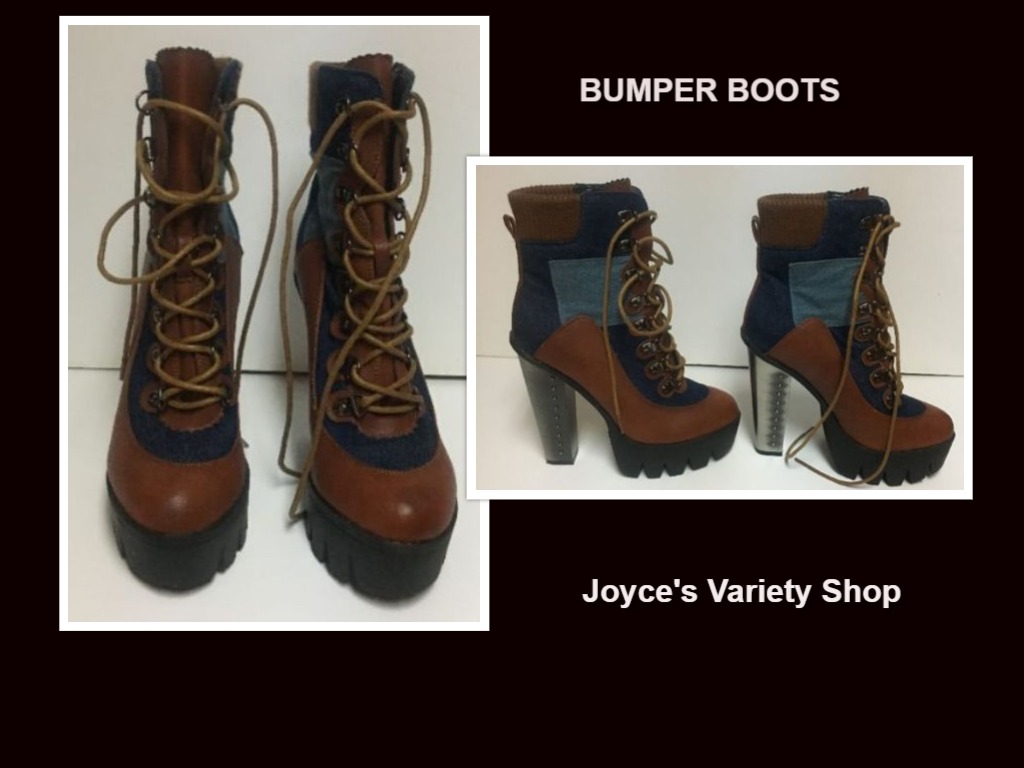 Bumper Boots 4" Metallic Heel Jeans & Faux Leather Sz 7 Lace Up