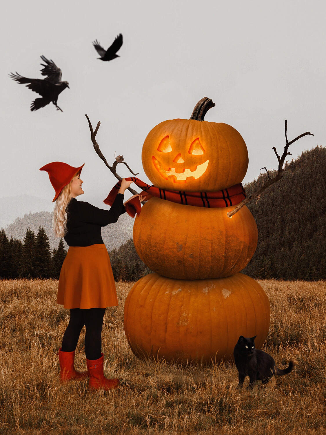 Female subject places scarf around pumpkins stacked like a snowman. There are crows in the background in the forest. It has an overall Halloween vibe.