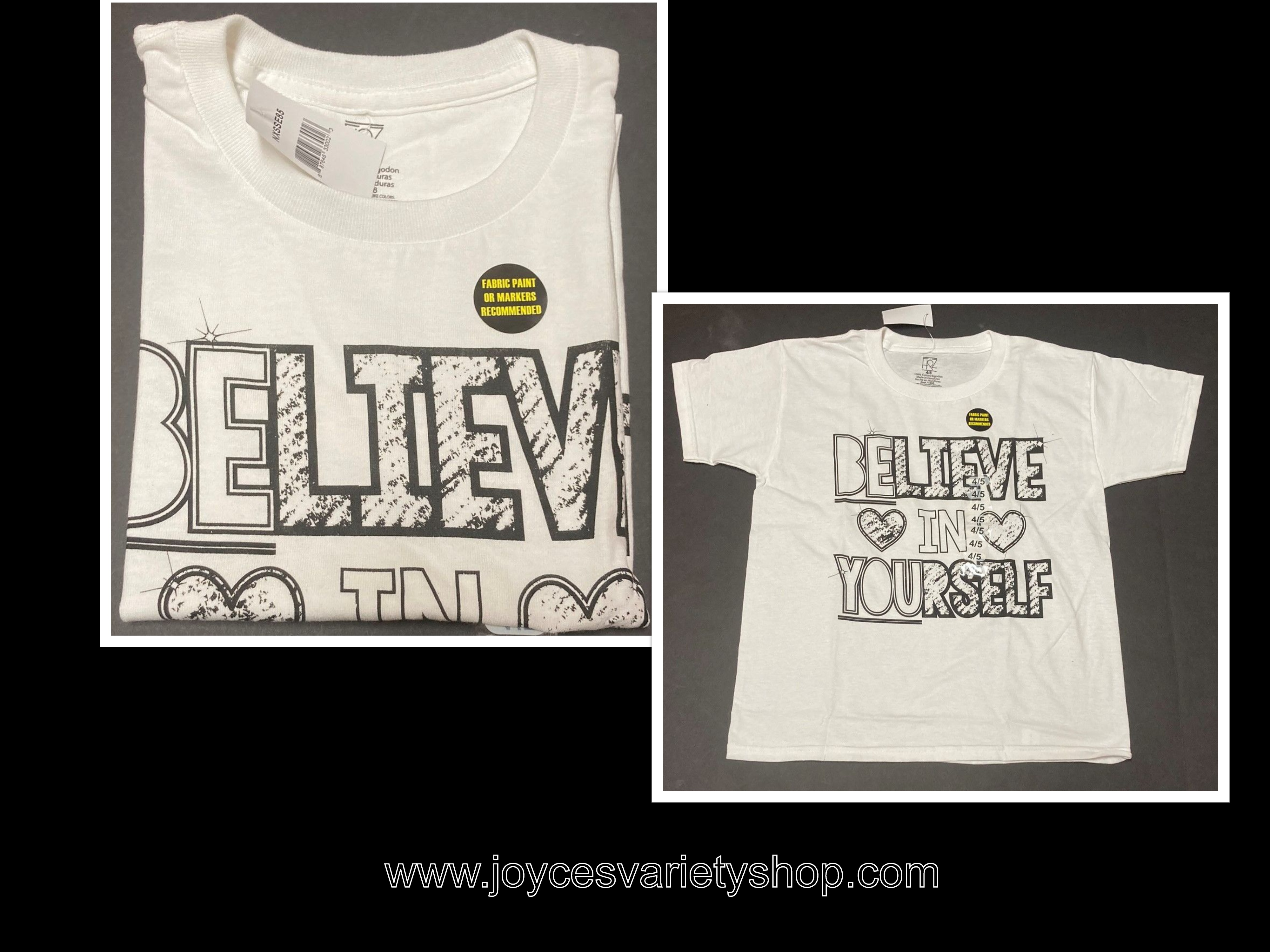 Kids BELIEVE IN YOURSELF Coloring T-Shirt Many Sizes Wear As Is Black & White