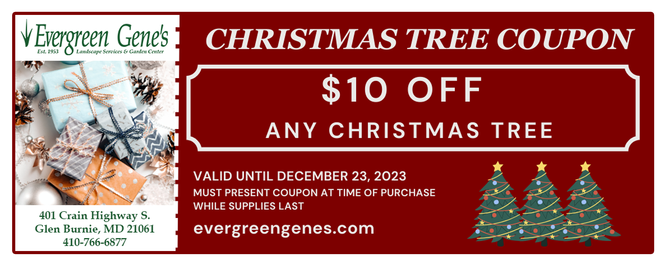 $10 Off Christmas Trees, evergreengenes, garden center, coupon
