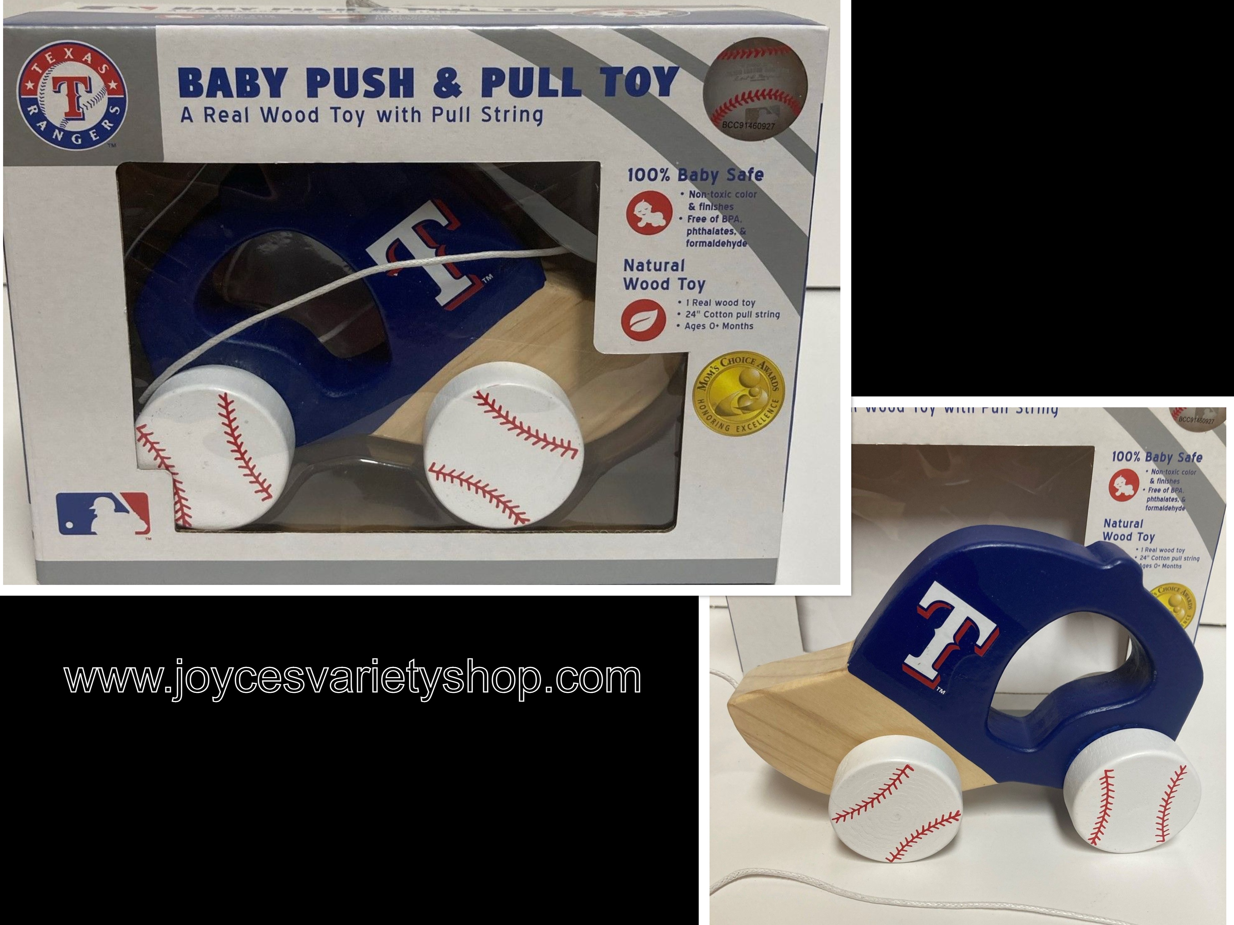 Texas Rangers MLB Baby Push & Pull Real Wood Toy Cotton String Baseball Wheels