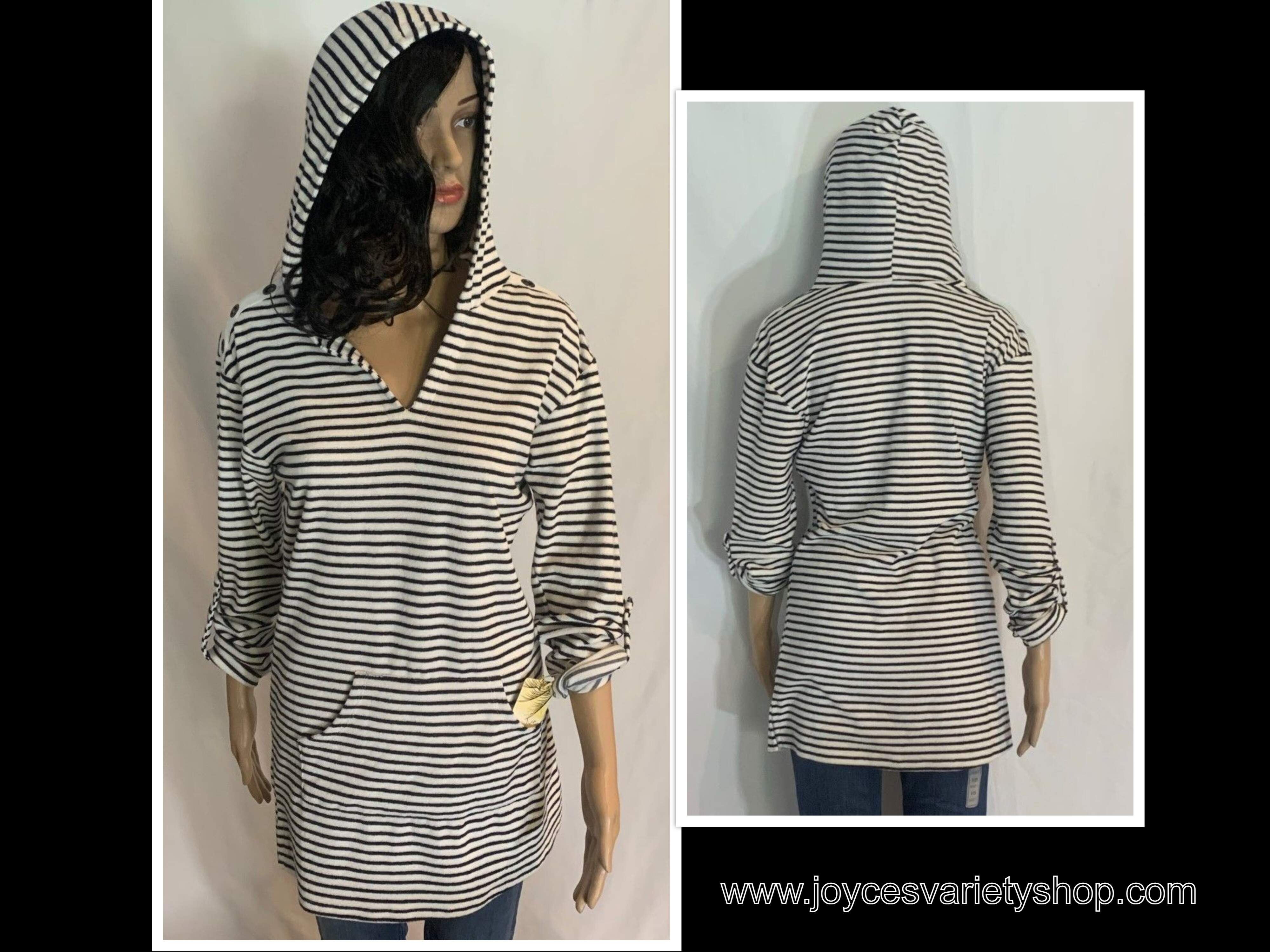 Hoodie Top T-Shirt Swim Cover Beachwear Black & White Striped SZ XS Sandiva