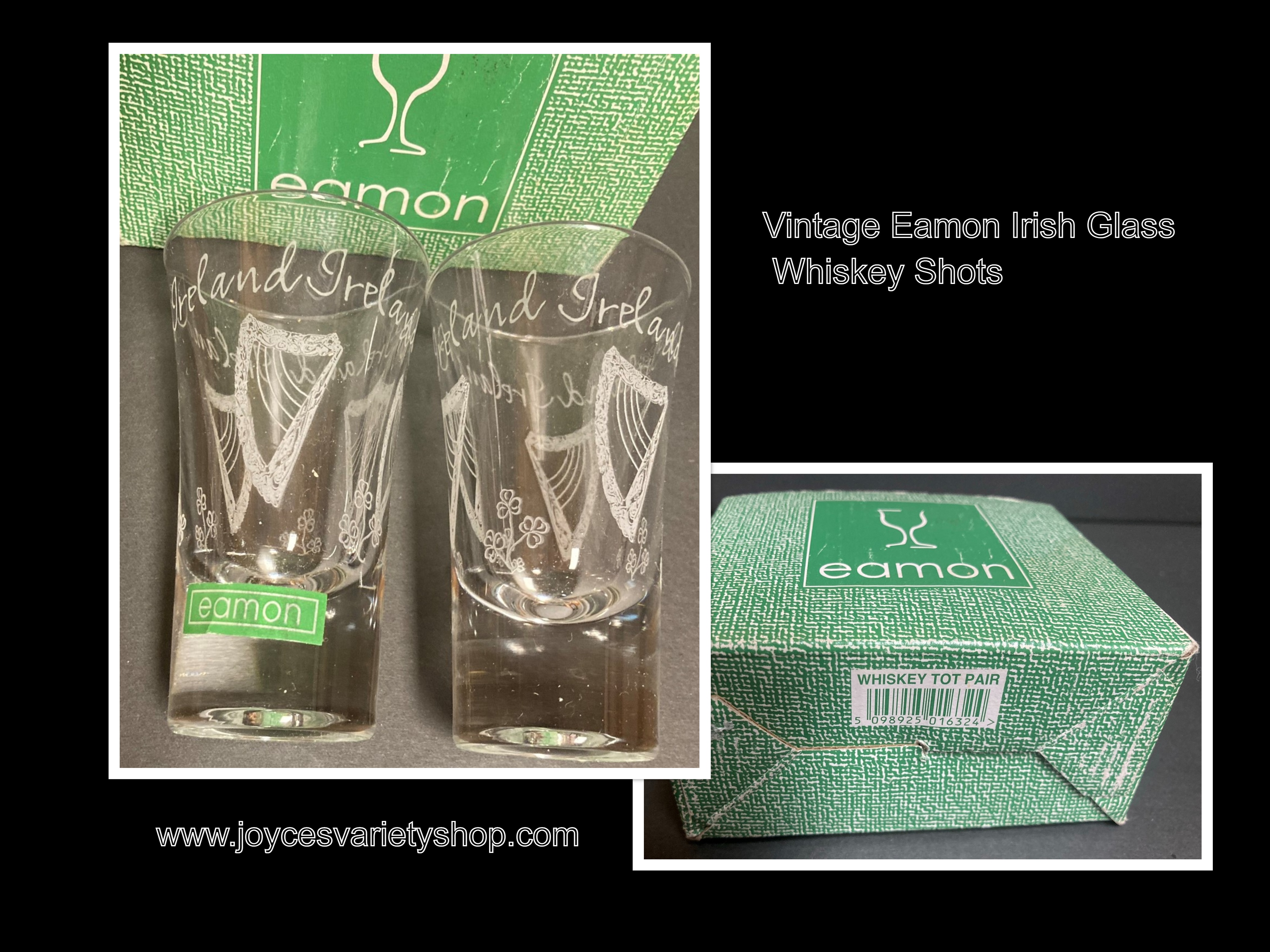 Eamon Irish Glass Whiskey Shot Glasses 2 Set Etched Ireland Vintage