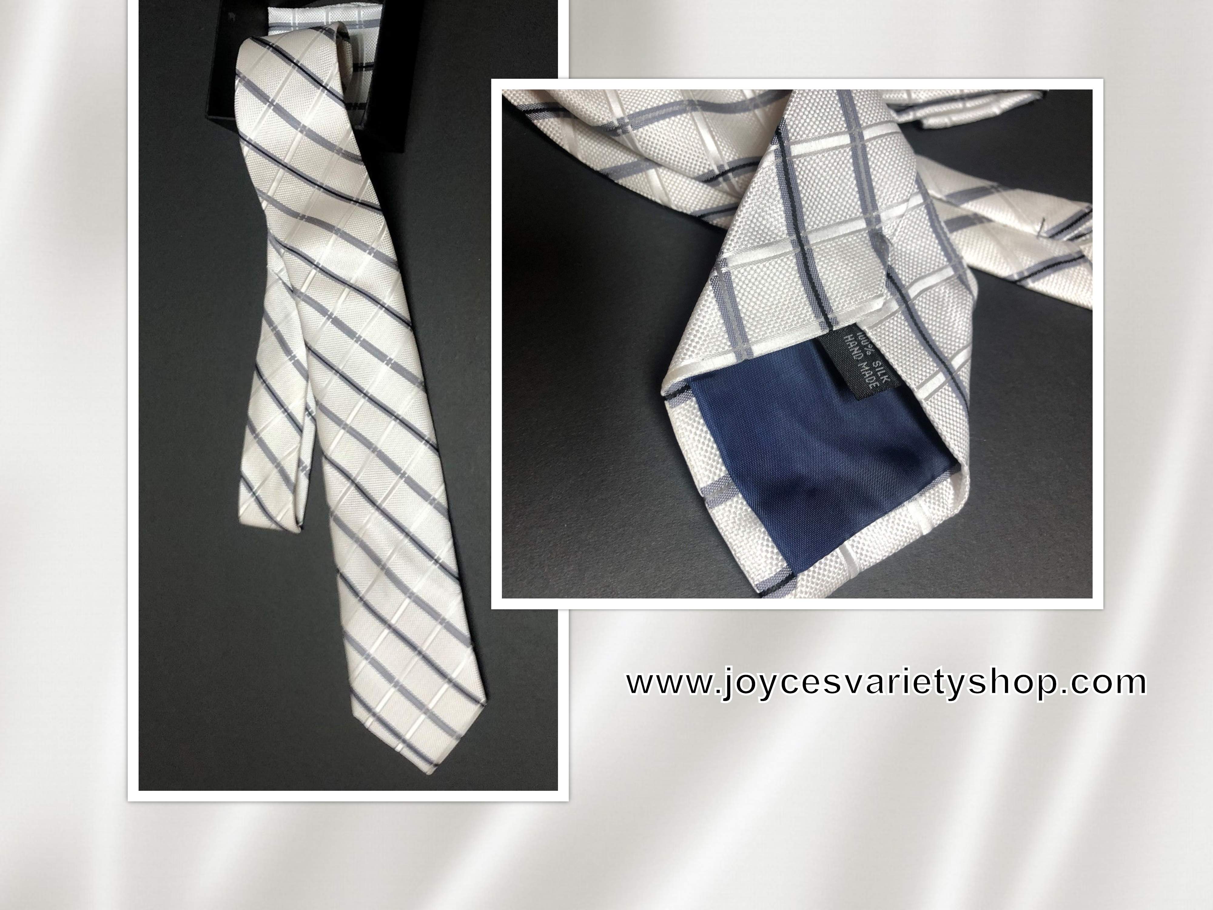 100% Silk Tie Cuff-links Pocket Square Set Black & White Striped