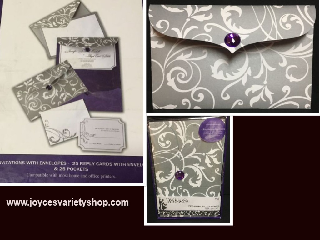His & Hers Wedding Invitations Complete Gray & White Floral Purple Accent 25 Box