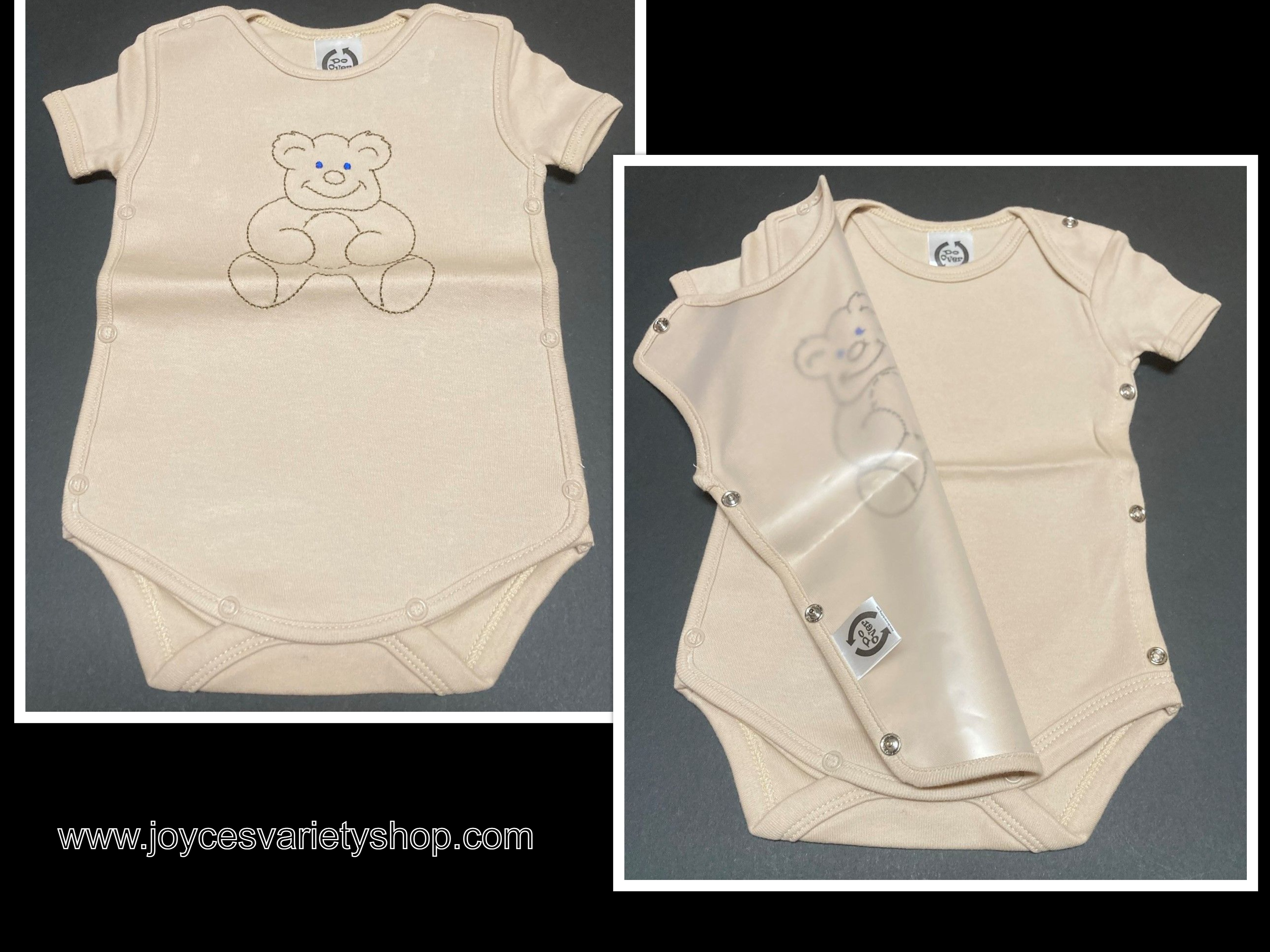 Teddy Bear One Piece With Spill Resistant Snap On Bib Khaki Color Sz 0-3 Months