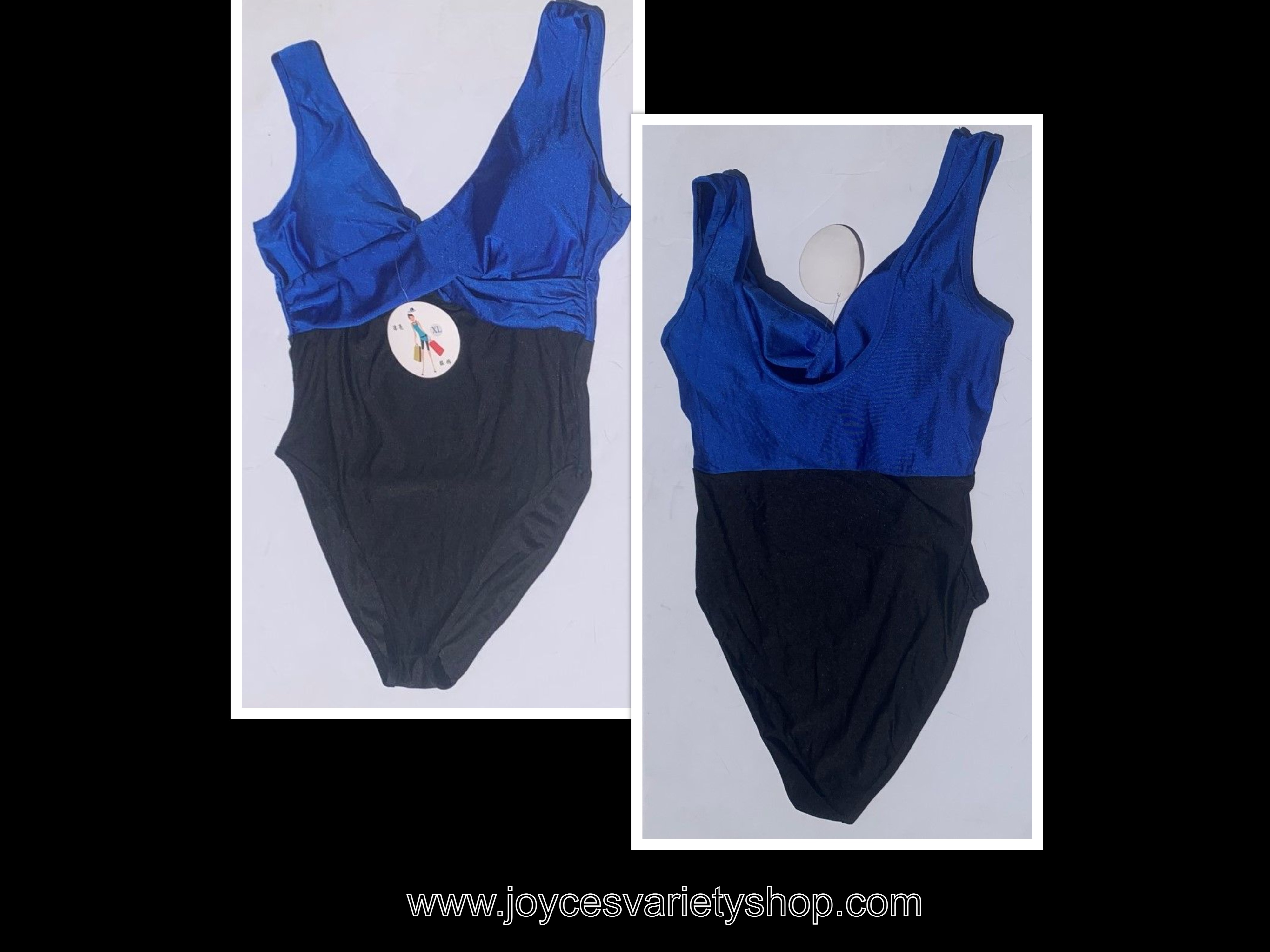 Slimming One Piece Swimsuit Blue & Black Faux Wrap Top Light Padding Sz XL