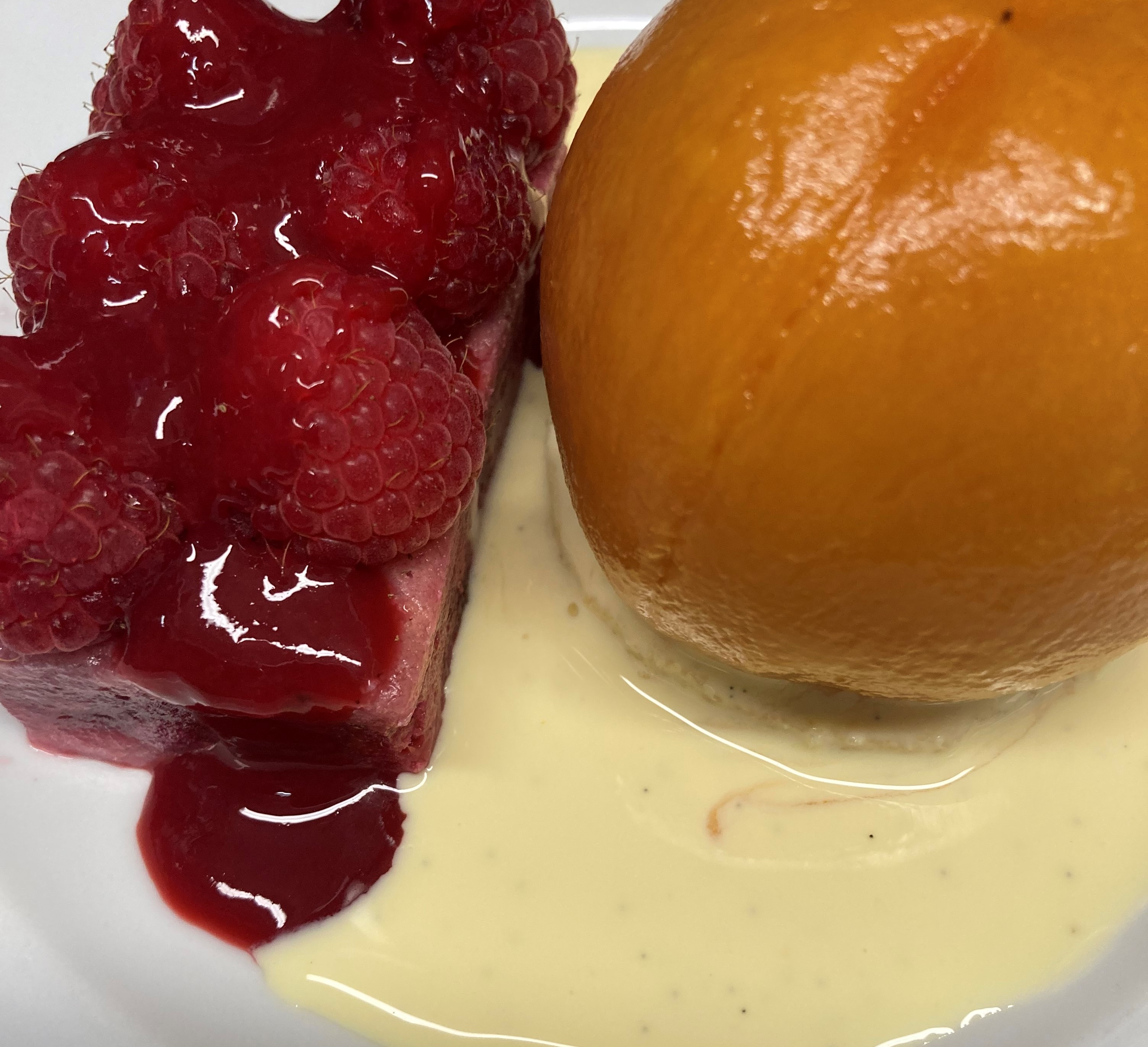Poached peach, raspberry summer pudding