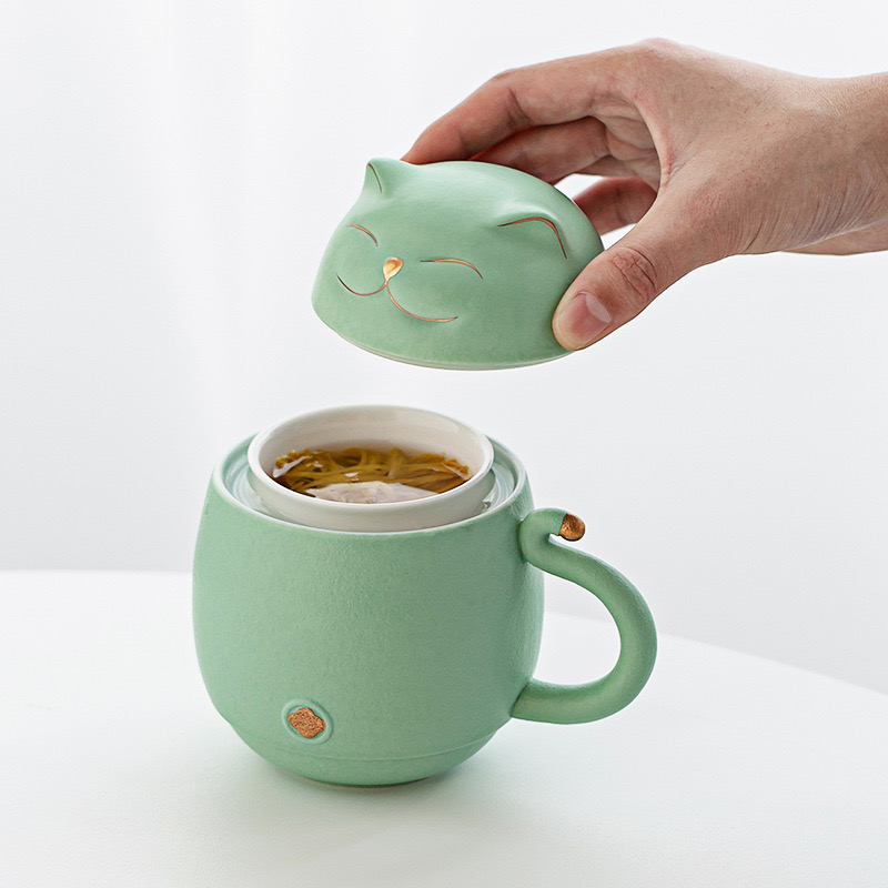 Mug Chat Avec Filtre Porcelaine Vert