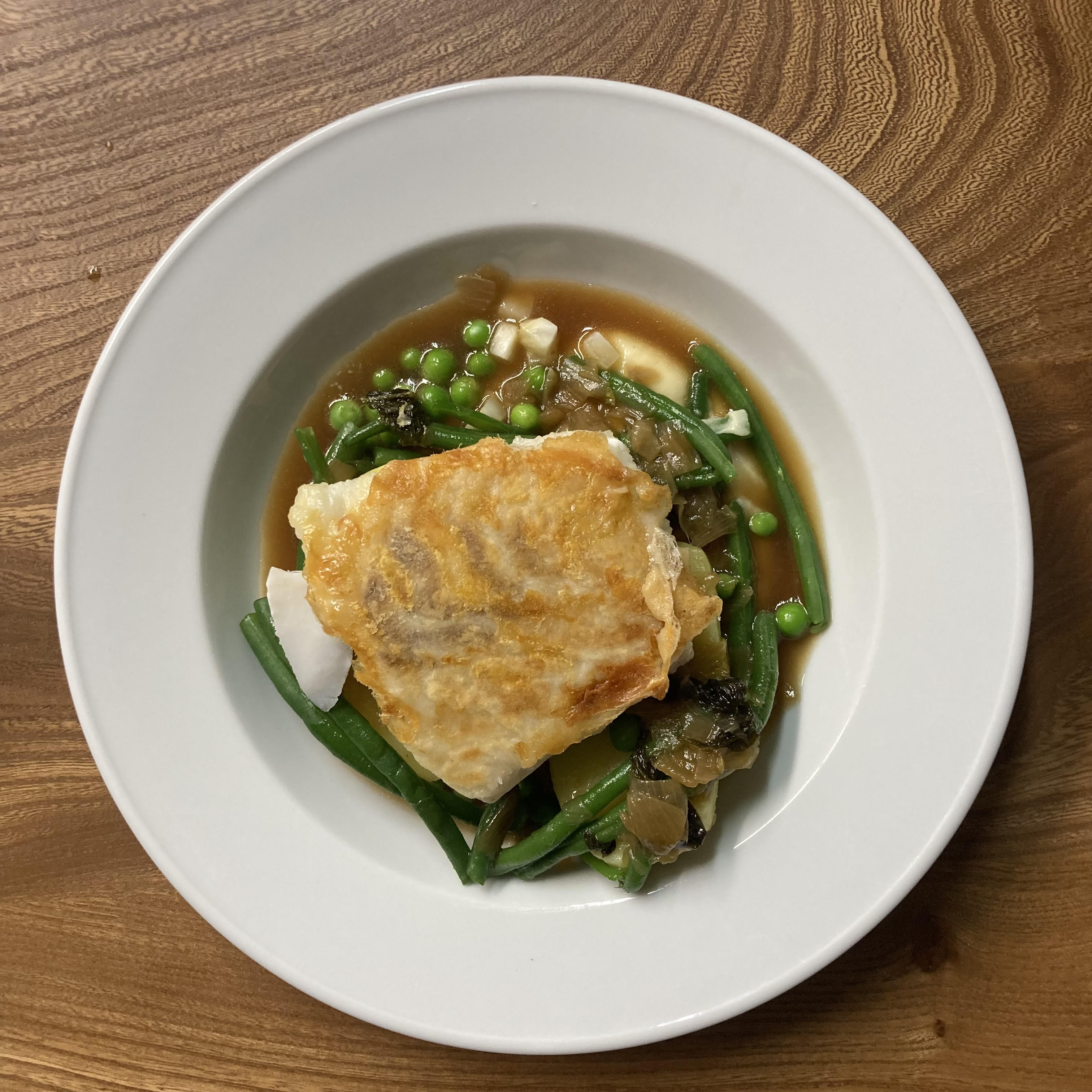 Cod with peas and beans