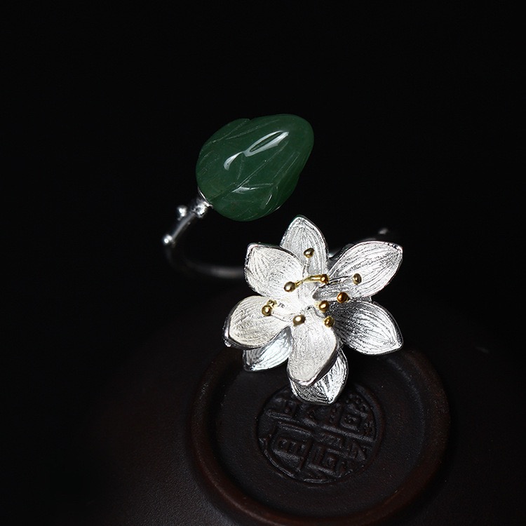 Bague Fleurs Lotus Jade Vert et Argent