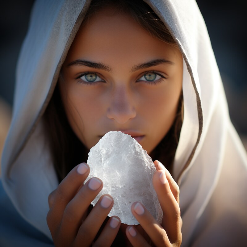 jeune femme tient dans la main une pierre d'alun de potassium de haute pureté Grade A+