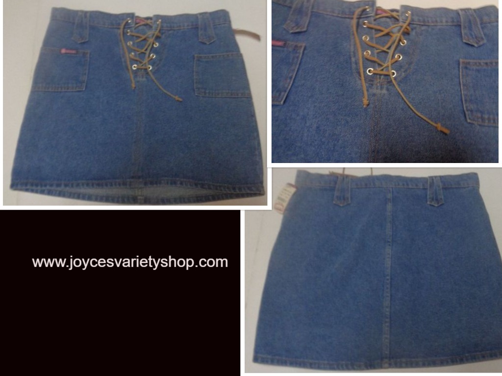 Women's Bubblegum Jean Mini Skirt NWT Leather Front Tie SZ 7/8 Made USA