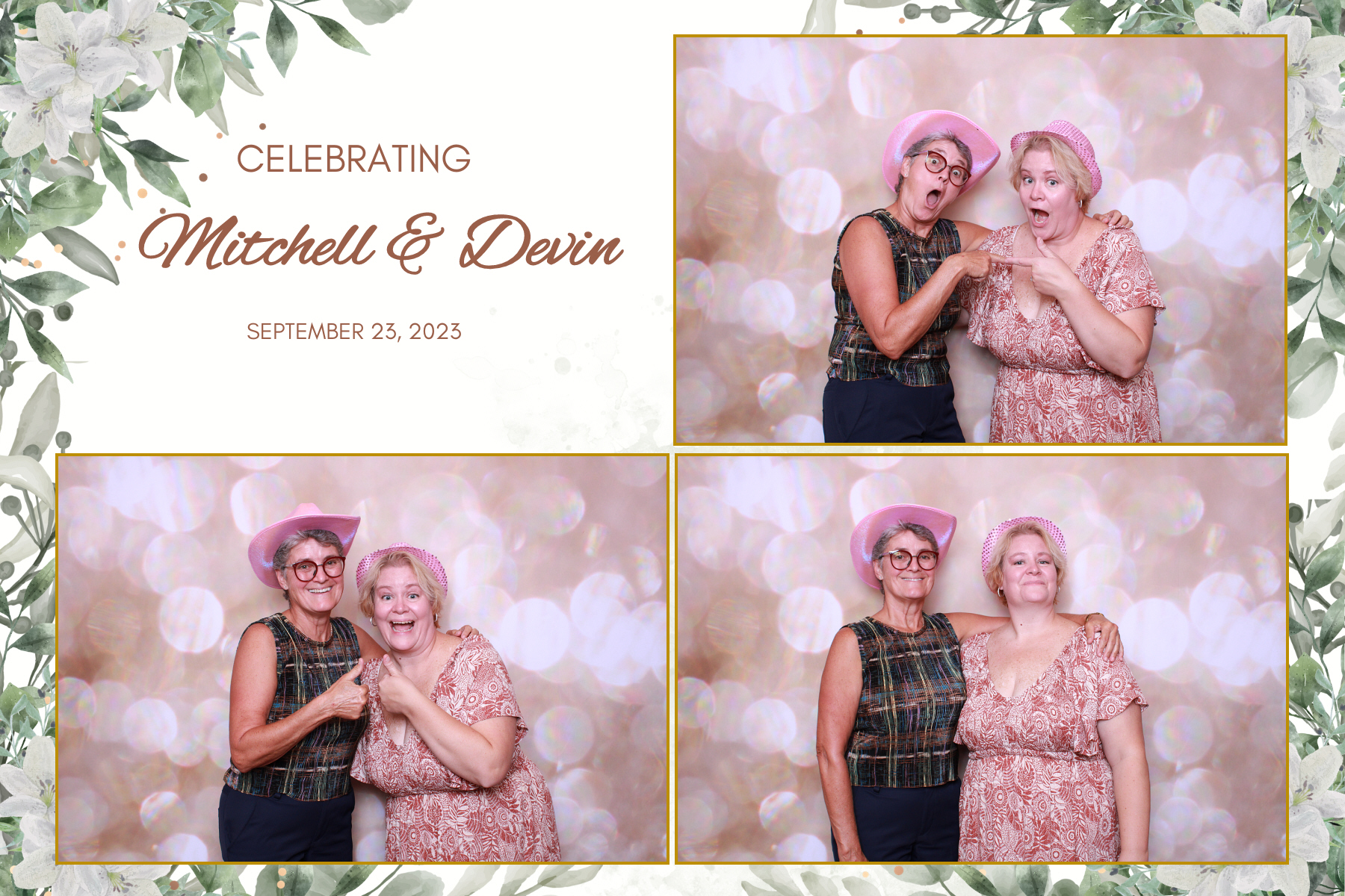 4x6 inch photo booth print featuring two women posing, with a personalized template for Mitchell & Devin's celebration.