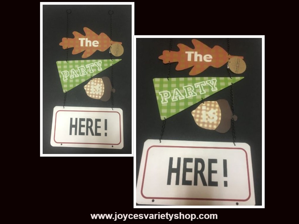 THE PARTY IS HERE Outdoor Hanging Sign Metal 30" x 12"