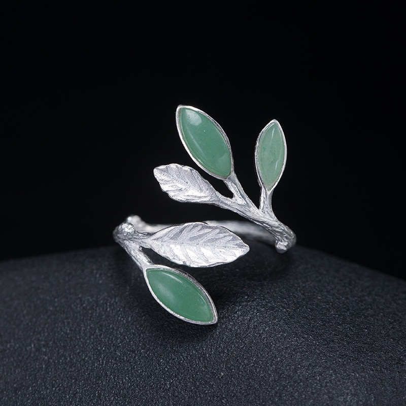 Bague Argent et Jade Feuilles