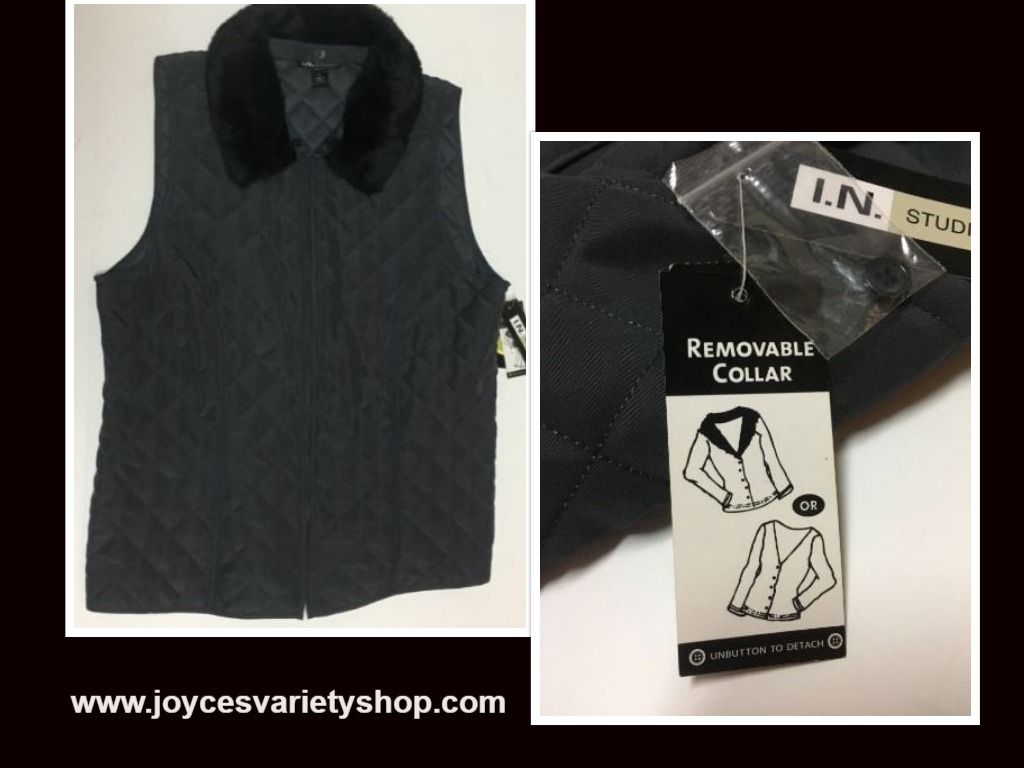 I.N. Studio Charcoal Brown Sleeveless Vest NWT Removable Fur Collar Sz L