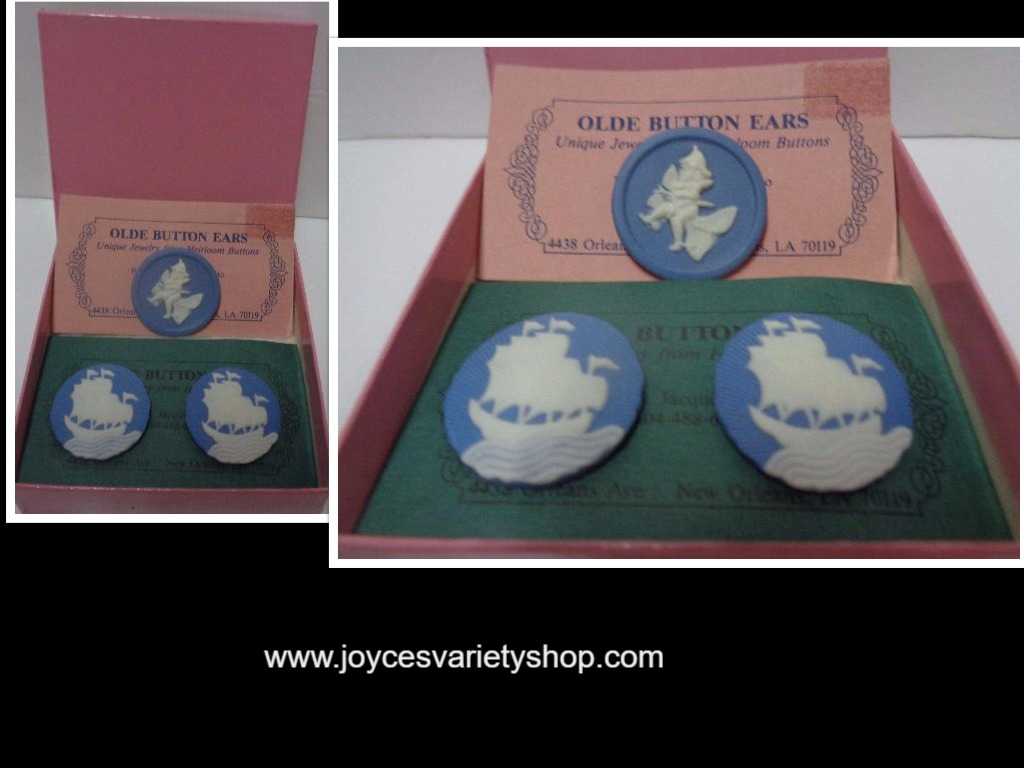 Olde Button Heirloom Earrings & Pin Set NWT Cameo Blue & White