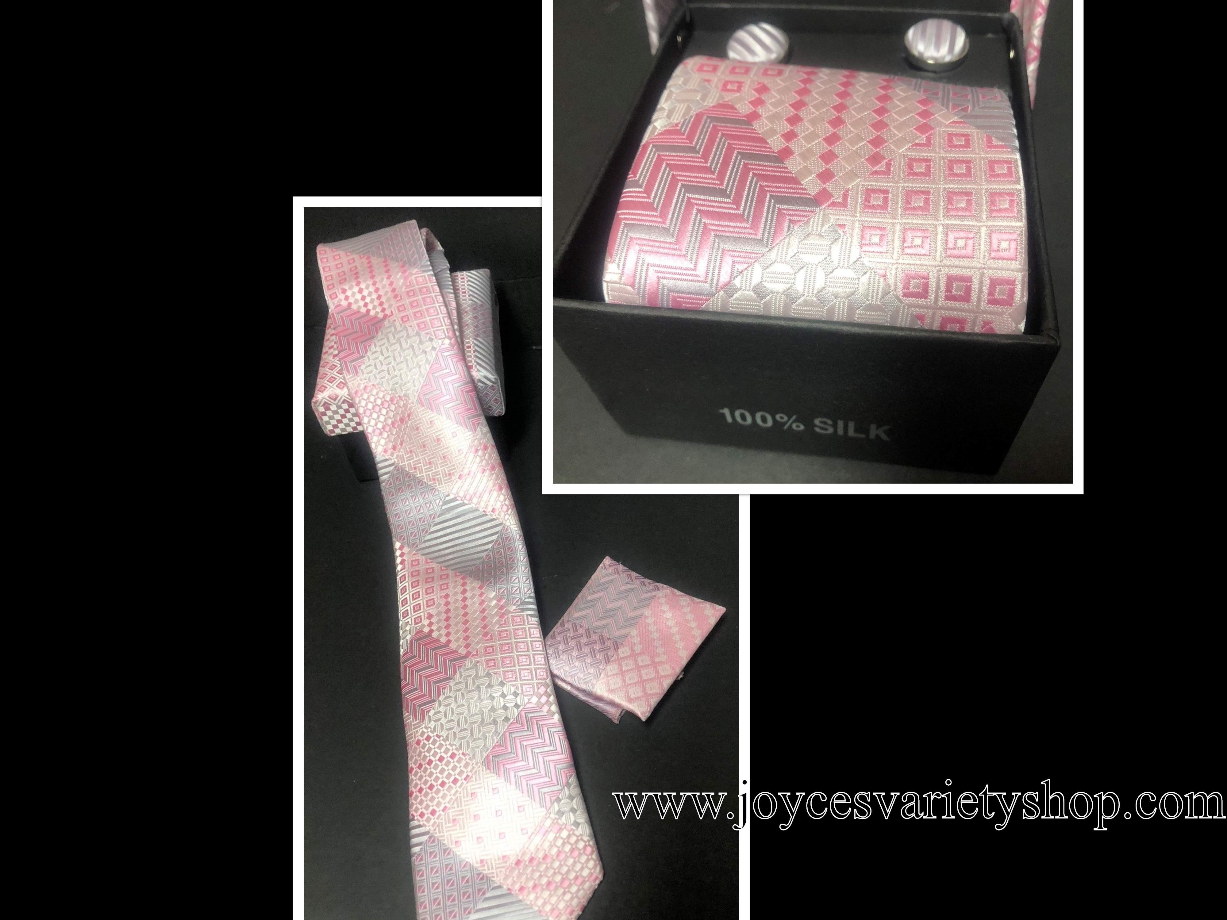 100% Silk Tie Cuff-links Pocket Square Set Pink & Silver Geometric