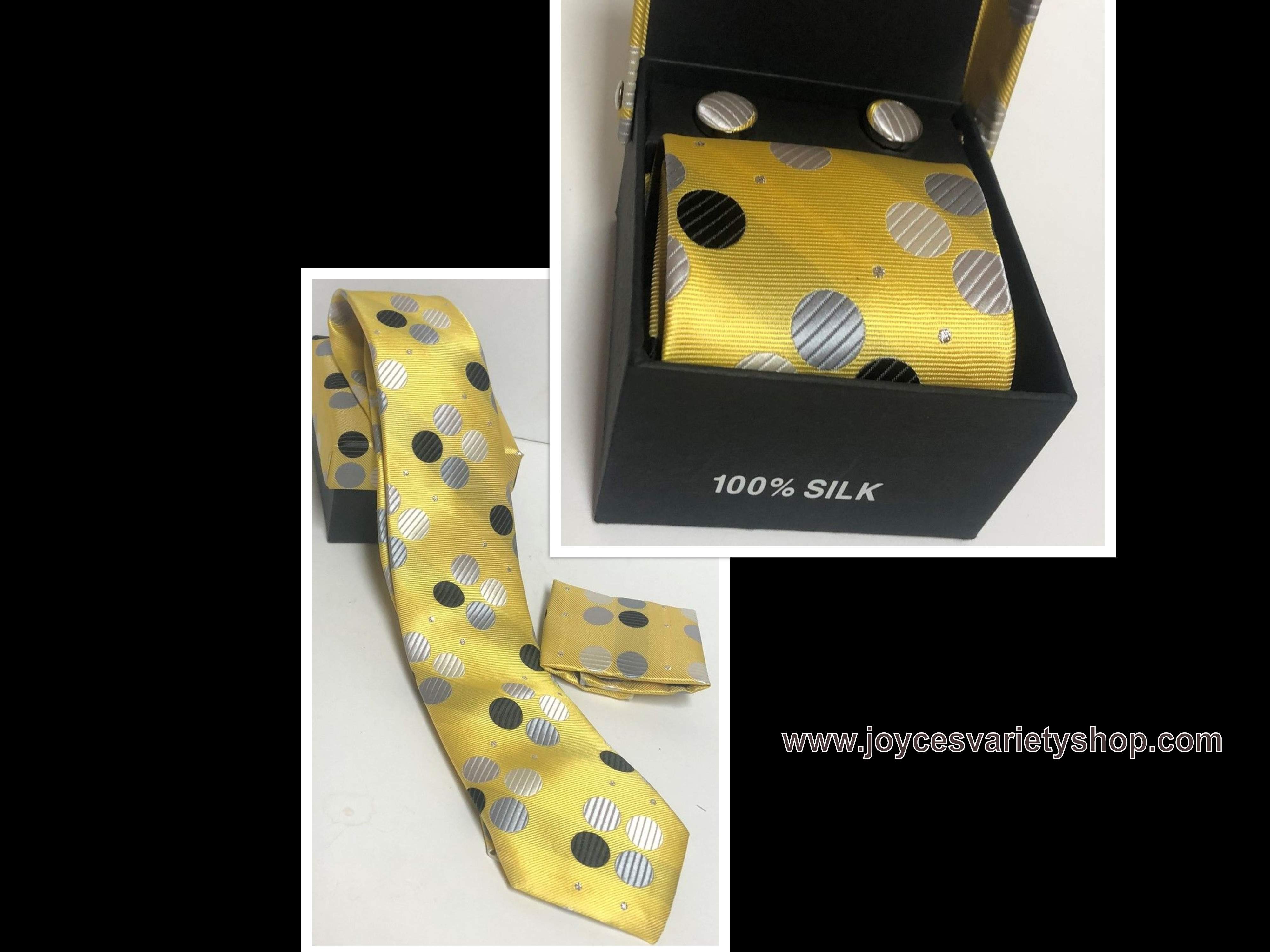 100% Silk Tie Cuff-links Pocket Square Set Yellow Silver Geometric