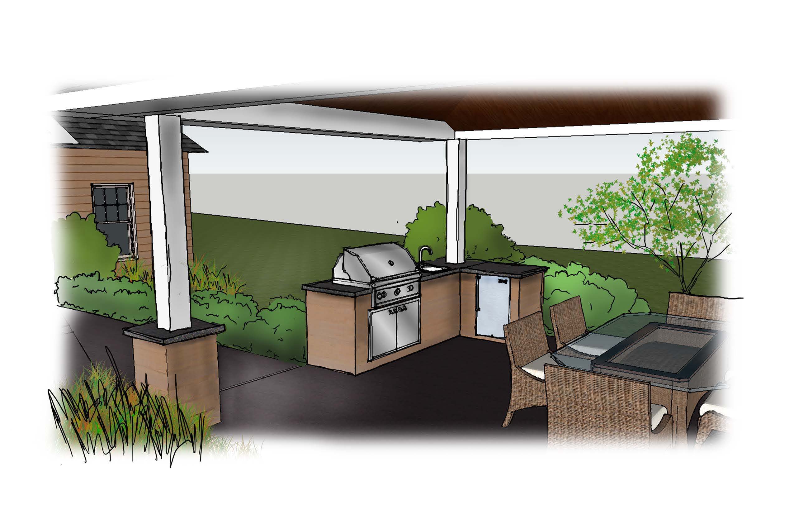 L shaped outdoor kitchen in a stucco finish