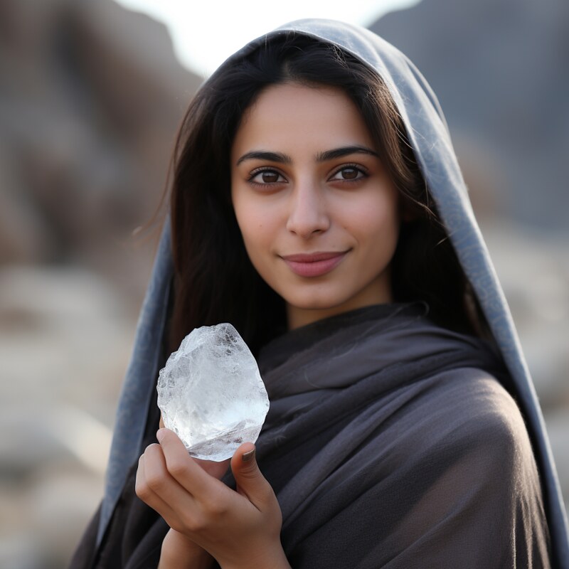 jeune femme tient dans la main une pierre d'alun de potassium de haute pureté Grade A+