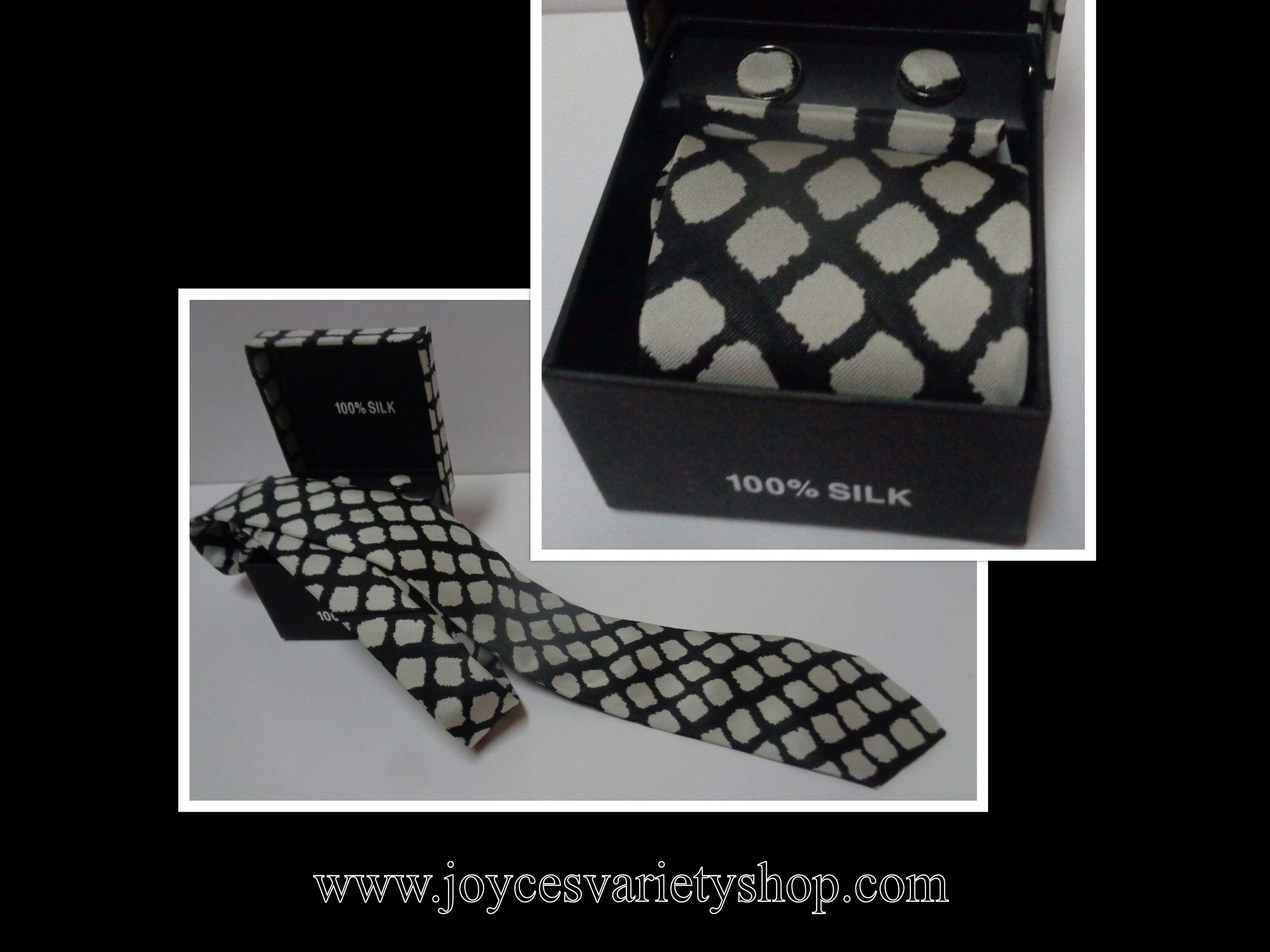 100% Silk Tie Cuff-links Pocket Square Set Black & White Geometric