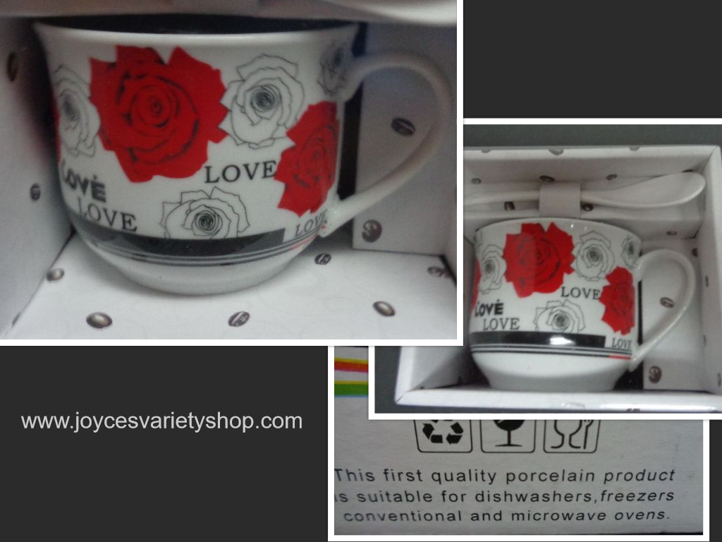 Porcelain Ceramic Coffee Cup & Stir Spoon Set White Rose Love