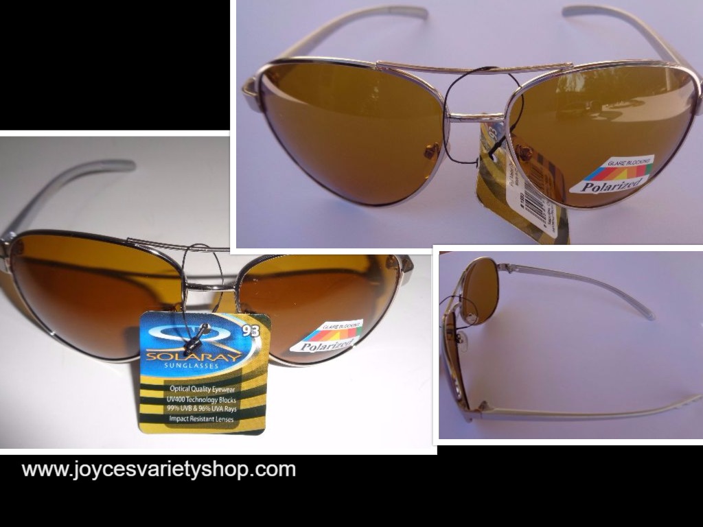 Solaray Metal Polarized Silver Frame Sunglasses NWT Gold Lens 100% UVA UVB
