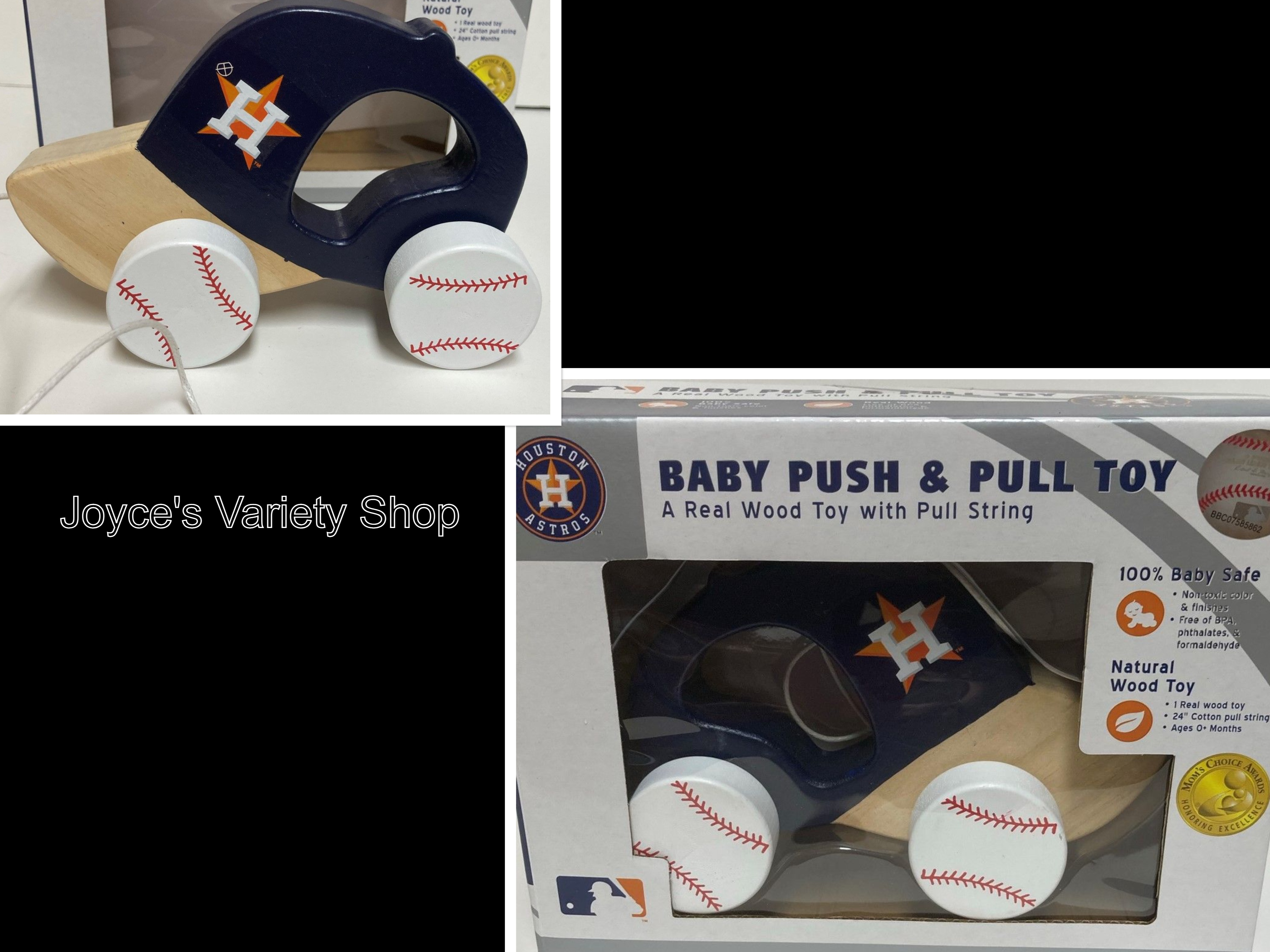 Houston Astro MLB Baby Push & Pull Real Wood Toy Cotton String Baseball Wheels