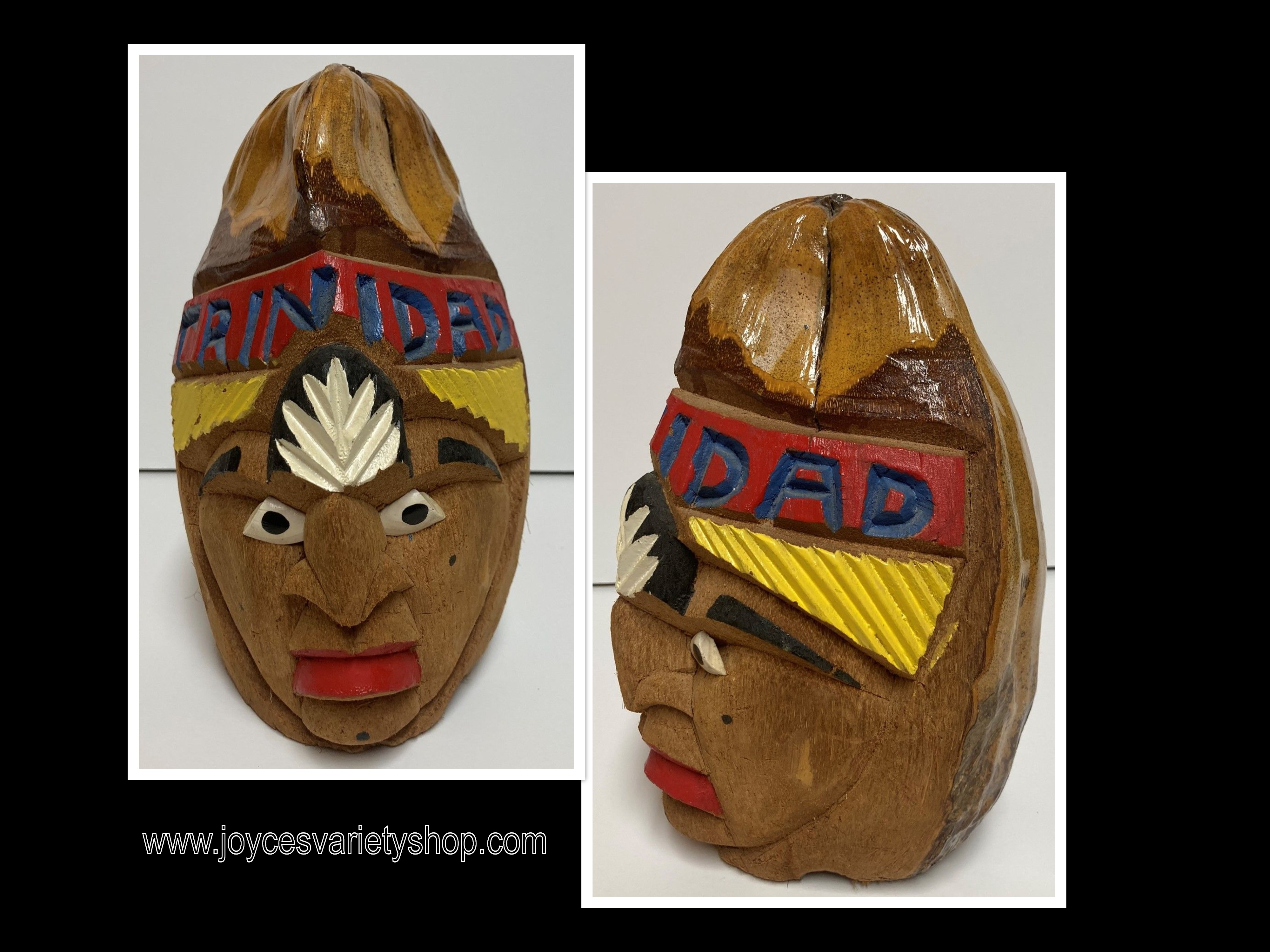 Trinidad Hand Carved & Painted Coconut Statue Head Warrior Protector 1987