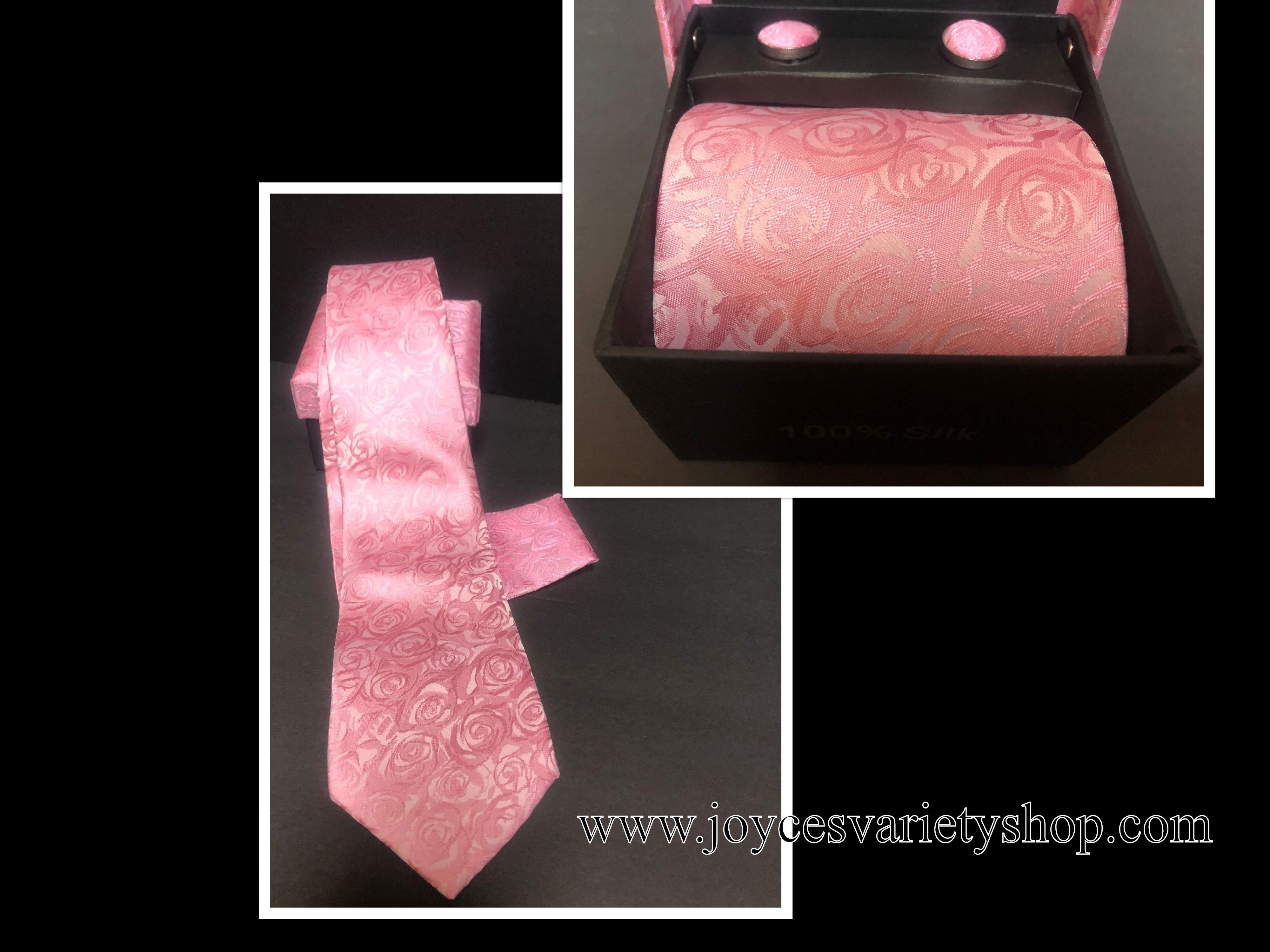 100% Silk Tie Cuff-links Pocket Square Set Pink Floral
